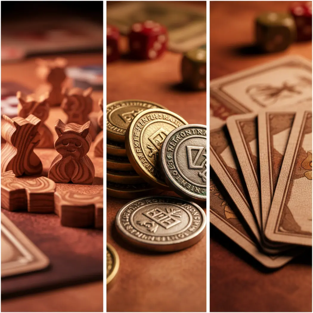 Macro detail shot of wooden meeples, metal coins, and thick linen-finish cards