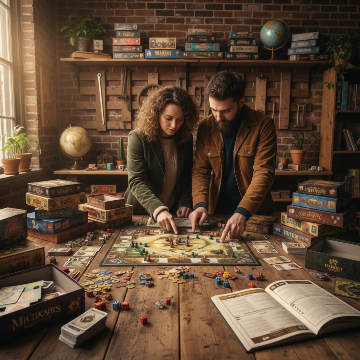 The curators of Happiness & Hexagons examining a new board game prototype